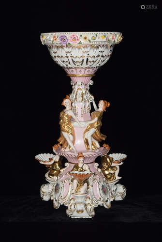 A Large Continental Pink Porcelain Tall Compote with Three Dancing Ladies and Three Ladies with Shells