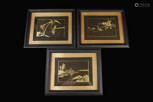 A Set of Three Bamboo Leaf Collaged Painting (3 pcs)