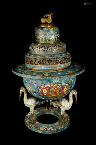 A Pair of Old Large Cloisonné Enamel Crane Stand Censor