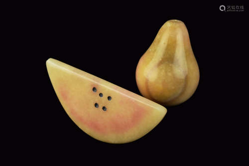 A Set of Quartz Carved Fruits (2 pcs, a Watermelon Slice and a Pear)