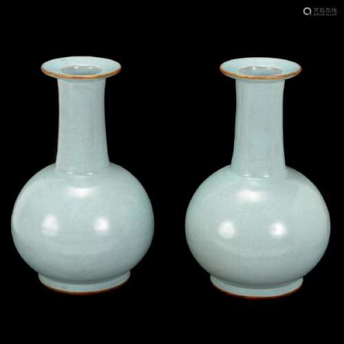 Pair of Chinese Longquan Celadon Guan Type Bottle Vases