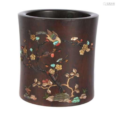 Chinese Multi-Colored Stones Hardwood Brush Pot