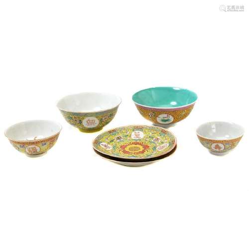 Six Chinese Enameled Yellow Ground Porcelains