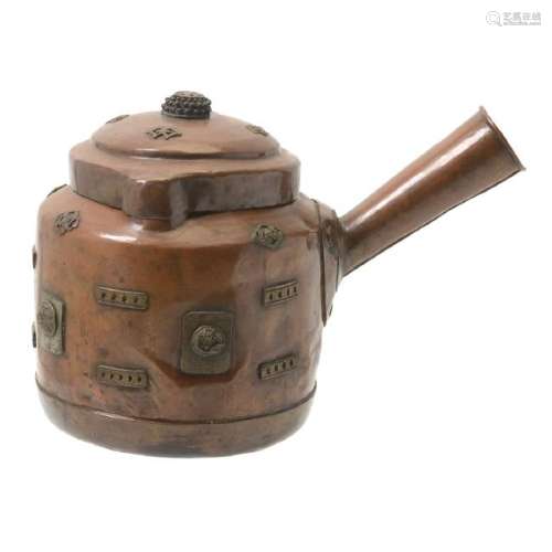 Tibetan Copper Tea Pot with Applied Emblems