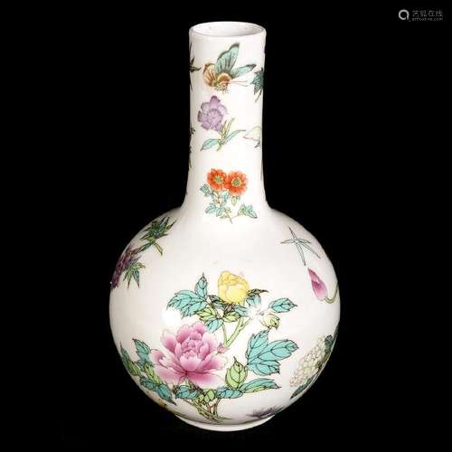 Chinese Famille Rose Bottle Vase with Flowers