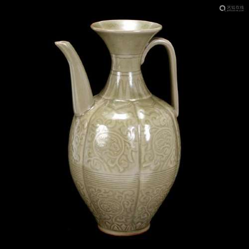 Chinese Yaozhou Carved Celadon 'Mellon Form' Ewer