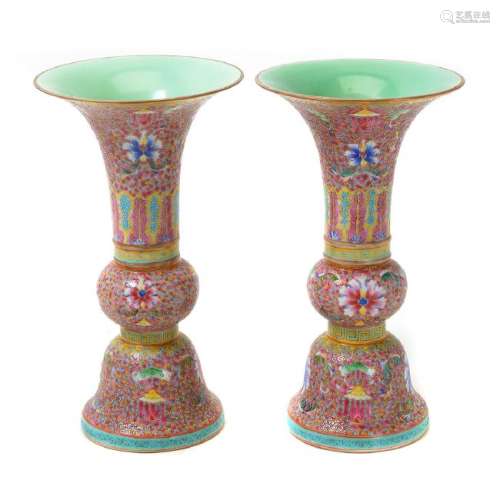 Pair of Chinese Famille Rose Enameled Gu Form Vases