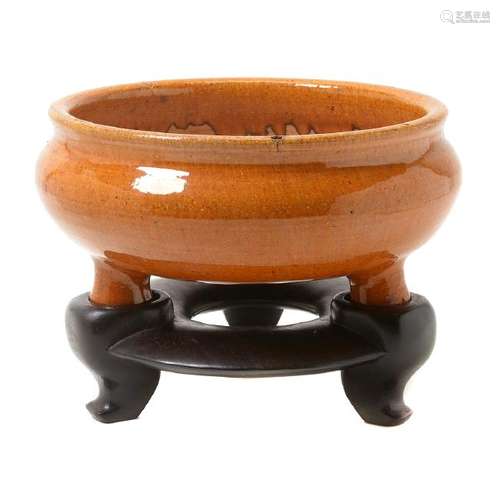 Chinese Yellow-Brown Glazed Ceramic Tripod Censer