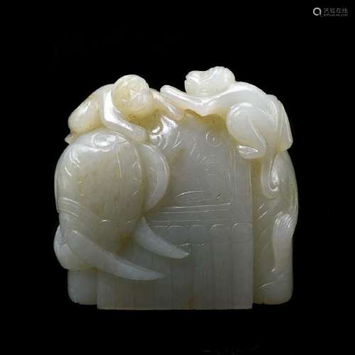 Chinese Jade Carving of Elephant and Monkey Group.