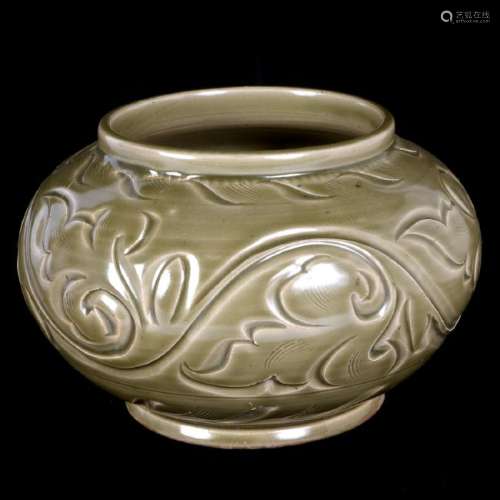 Chinese Yaozhou Celadon Carved Circular Jar