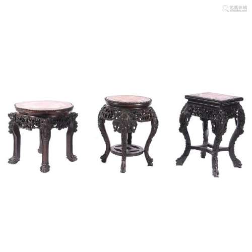 Three Chinese Rosewood Stands with Marble Inset*