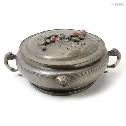 Chinese Pewter Covered Tureen with Hardstone Inlay