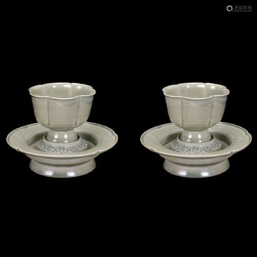 Chinese Yaozhou Molded Celadon Cups and Stands