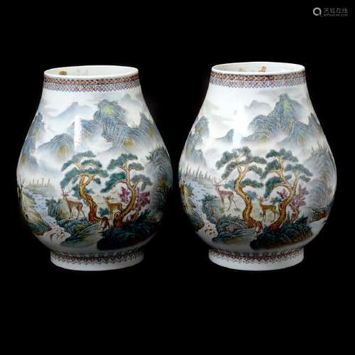 Pair of Chinese Hu Form Deer Vases