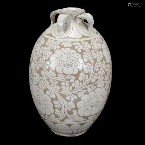 Large Chinese Cizhou Carved Cream Glazed Ovoid Vase