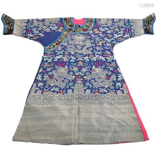 Chinese Blue Ground Brocade 'Nine Dragons' Robe