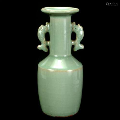 Chinese Lonquan Celadon Glazed Vase with Fish Handles
