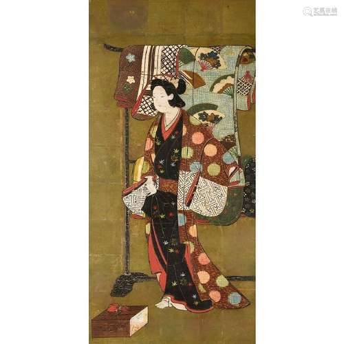 Large Japanese Painting of a Standing Geisha