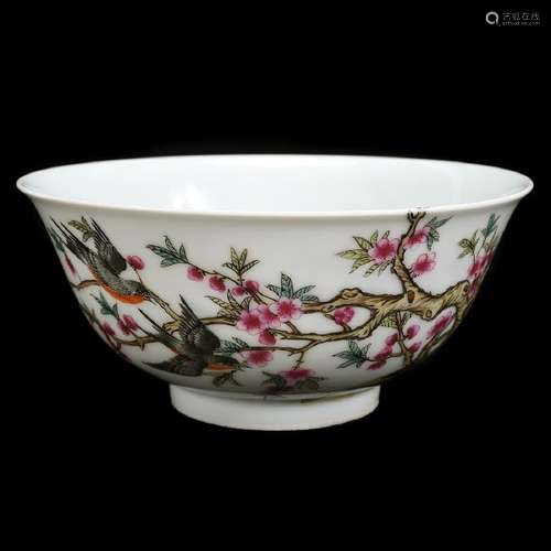 Chinese Famille Rose Bird Bowl with Inscription