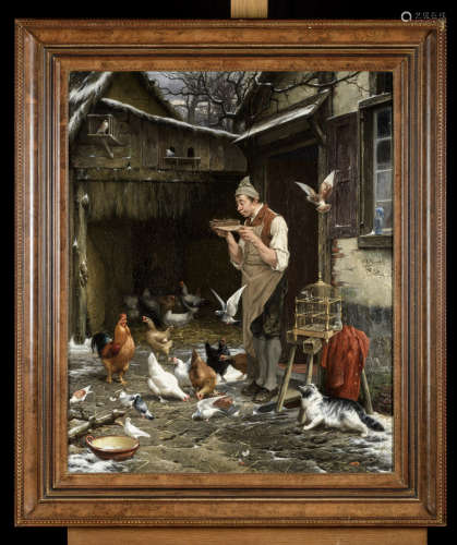 David Col and E. Maes: painting o/c 'Feeding the birds'