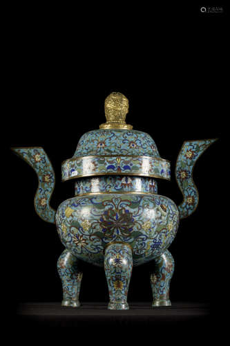 Large Chinese incense burner in cloisonné 'flowers', Qing dynasty