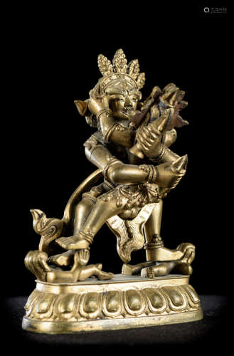 A Tantric statue in gilt bronze, Sino Tibetan