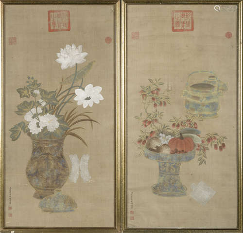 A pair of Chinese paintings on silk 'antiquities', signed Jiang Tingxi