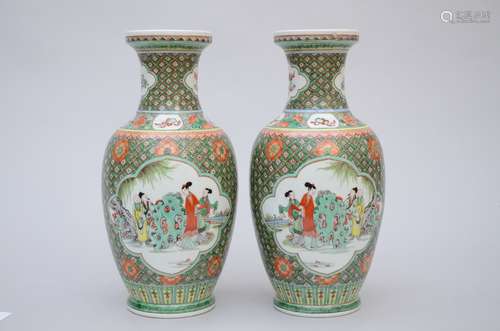 Pair of vases in Chinese porcelain 'ladies in a garden', 20th century