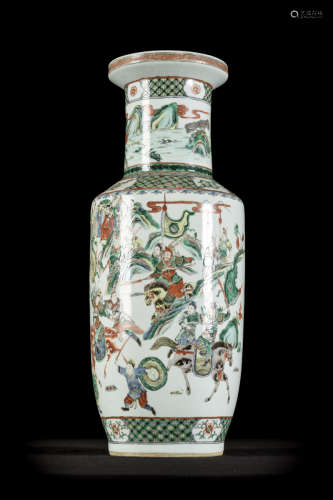 Large rouleau vase in Chinese famille verte porcelain 