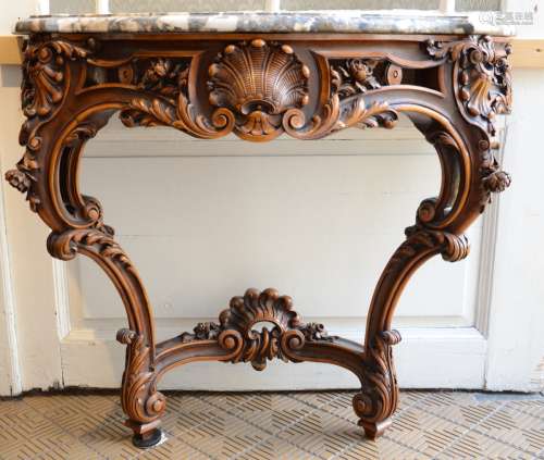 Louis XV style wall console in walnut with marble top