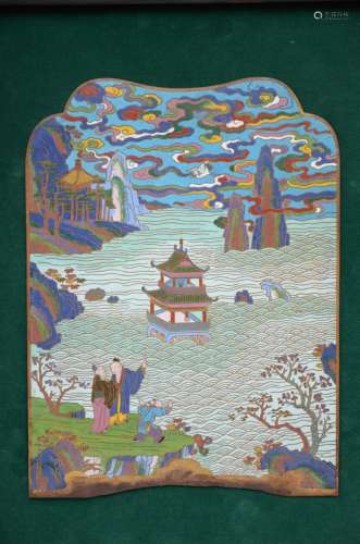 A plaque in Chinese cloisonné 'sages at a pagoda', Qing dynasty