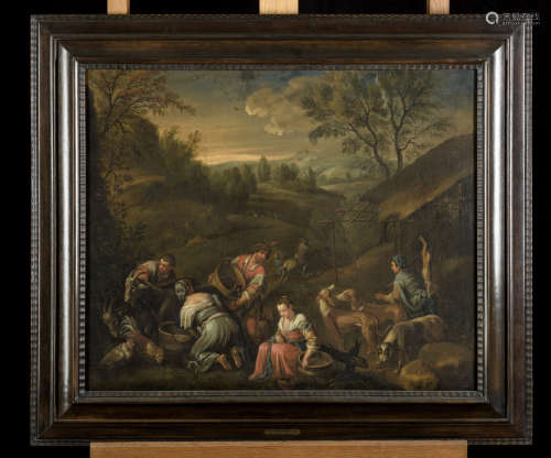 Leandro Bassano (attributed): painting o/c 'characters in landscape'