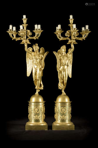Rabiat: a pair of large fire gilt candelabres 'karyatids', Empire