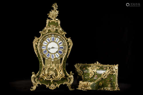 A clock in Vernis Martin with enamelled dial and gilt bronze ornaments 'Vandercruse - Delacroix à Paris', Louis XV