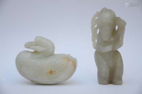 Two Chinese jade sculptures 'duck' and 'sage'