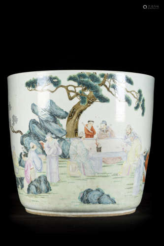 Large Chinese planter in famille rose porcelain 'sages in a rock garden'