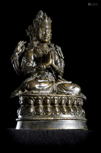 Tibetan sculpture in bronze inlaid with silver 'Shadakshari Lokeshvara', Tsang region 15th/16th century