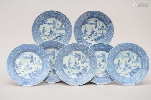 Serie of seven dishes in blue and white Chinese porcelain