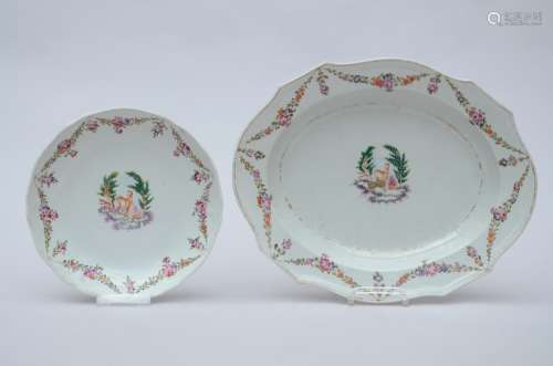 Large dish and compotier in Chinese famille rose porcelain 'Coat of arms with deer'