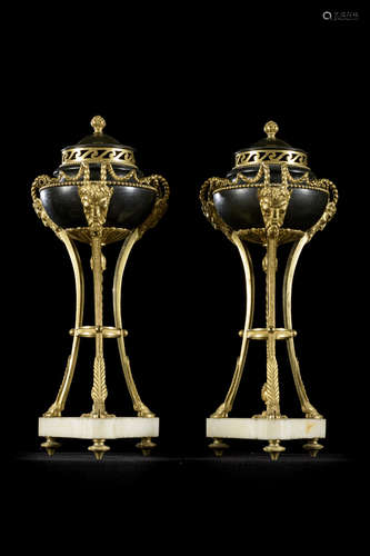 Pair of bronze and marble Louis XVI cassolettes