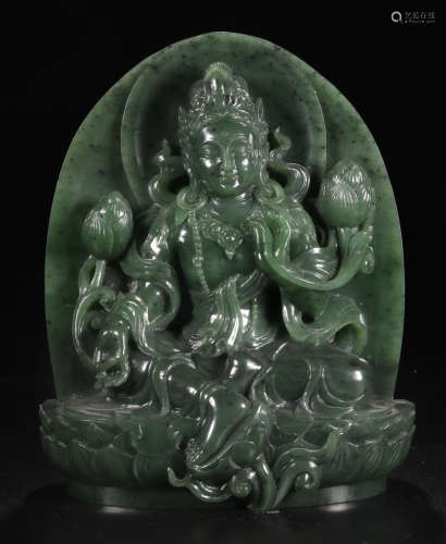 A HETIAN GREEN JADE CARVED TARA BUDDHA