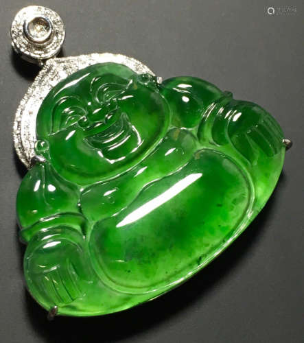 A GREEN JADEITE CARVED BUDDHA PENDANT, TYPE A