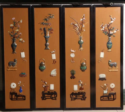 SET LACQUER WOOD GEM DECORATED SCREEN