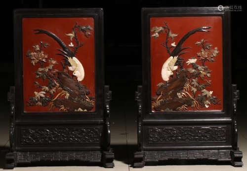 PAIR LACQUER WOOD GEM DECORATED SCREEN