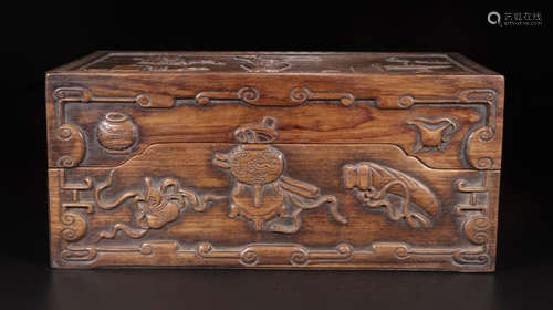 A HUALI WOOD CARVED AUSPICIOUS PATTERN BOX