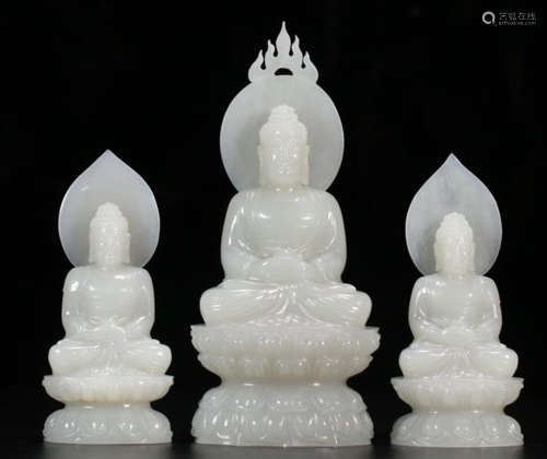 SET HETIAN JADE CARVED THREE LIFE BUDDHA