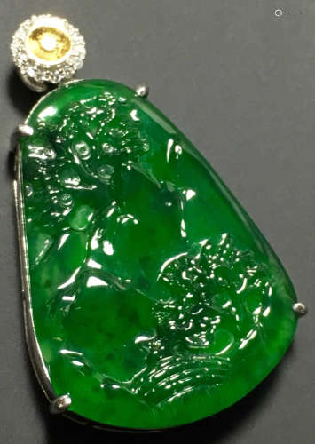 A GREEN JADEITE CARVED LANDSCAPE PENDANT, TYPE A