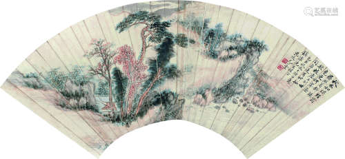 尤小云（1913～1964） 秋林茅屋图 扇面 设色纸本