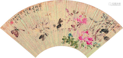 丁宝书（1866～1936） 花蝶图 扇面 设色纸本