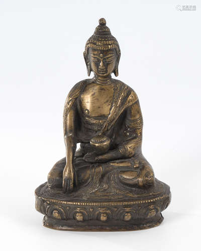 Buddha mit Gefäß - Bronze.Wohl 19. Jh., geschlossener Boden, H 18 cm. Auf Lotosthron sitzende